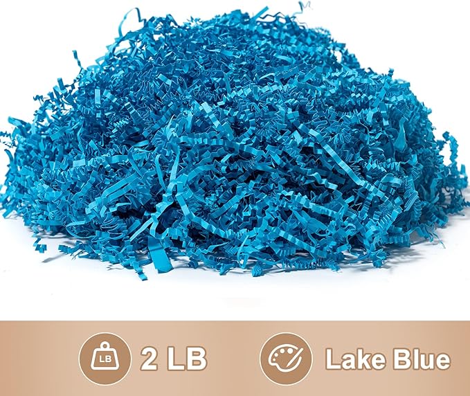 Wowxyz 2 LB Crinkle Cut Paper Shred Lake Blue Crinkle Shredded Paper - Gift Box Baskets Bag Filler - Confetti Stuffing for Birthday, Holiday Gift Packaging Wrapping