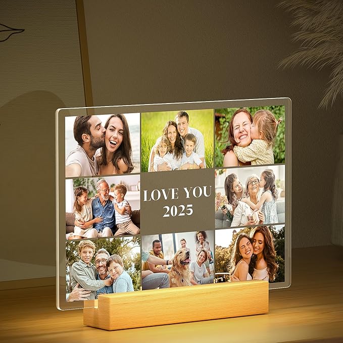 Custom Picture Frames with Photo, Personalized Photo Frame with Night Light, Customized Picture Frame, Personalized Christmas Birthday Gifts for Women Men Mom Dad Grandma Grandpa Kids Family Friend