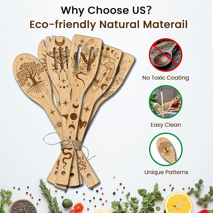 CUTHOLLOW 6PCS Magic Element Wooden Kitchen Cooking Utensil Set, 11.9in Non Toxic Bamboo Wood Spoon Set for Cooking, Best Housewarming Birthday Thanksgiving Christmas Gift for Women Mother