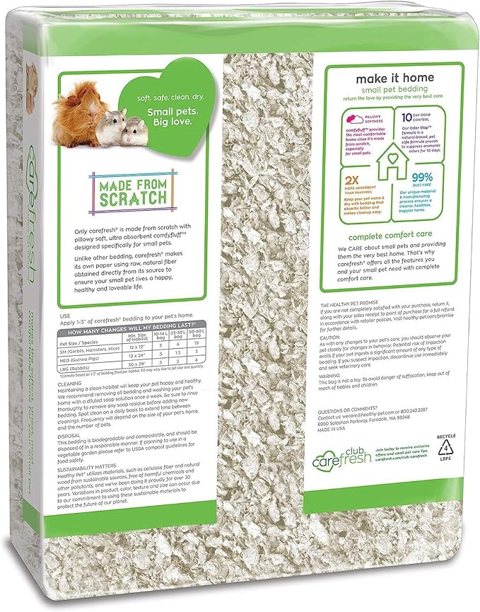 Carefresh White Natural Paper Small Pet Bedding, Odor Control 50L | 2X more absorbent, 99% dust free, odor control, Biodegradable and compostable, For hamsters, rabbits and guinea pigs