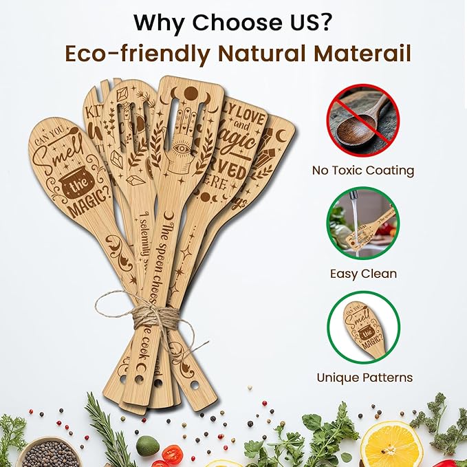 CUTHOLLOW 6PCS Magic Kitchen Wooden Kitchen Cooking Utensil Set, 11.9in Non Toxic Bamboo Wood Spoon Set for Cooking, Best Housewarming Birthday Thanksgiving Christmas Gift for Women Mother