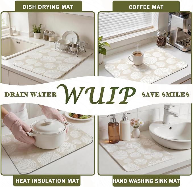 Seashell Dish Drying Mats for Kitchen Counter, Beach Lover Gifts, Neutral Coastal Beach Absorbent Reversible Coffee Bar Mat Drying Pad for Kitchen Decor, 12x15 Inch