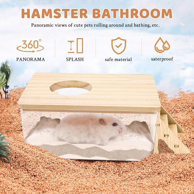 Hamster Sand Bath, Pentagon Hamster Sand Bath Container with Climbing Ladder, Large Acrylic Hamster Dig Box with Wood Cover, Sand Bath for Hamsters Small Animals (Rectangle)