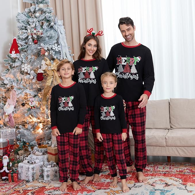 Christmas Family Pajamas Set Matching Holiday Plaid Sleepwear Set Reindeer/Tree Print Loungewear for Xmas Eve