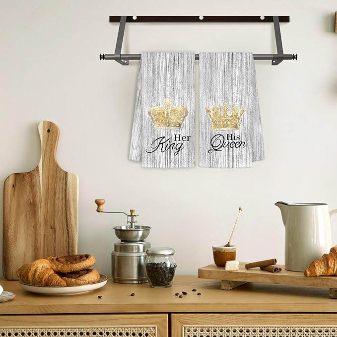 His and Hers Kitchen Towels Set of 2 - Wedding Engagement Gifts for Newlyweds Couples Bride and Groom, Just Married Honeymoon Gifts, King and Queen Decorative Hand Towels for Bathroom 16x24