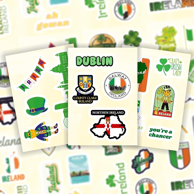 Ireland Stickers, Irish Stickers for Water Bottle and Laptop - Ireland Party Supplies & Decorations, Waterproof Vinyl Decals, Gifts for Women & Men