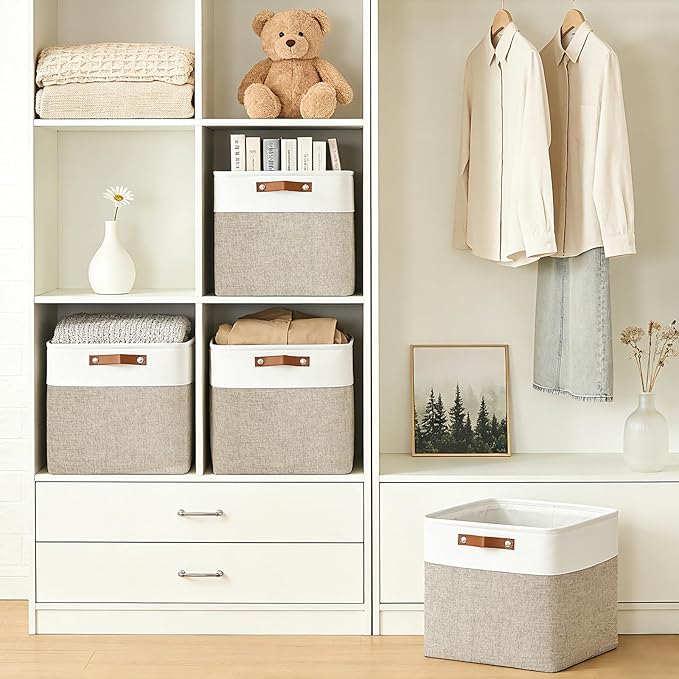 13x13 Cube Storage Bins, Collapsible Fabric Storage Box, 4 Pack Closet Baskets with Handles for Organizing, Shelf, Toys, Clothes, Home, Office, Nursery (Beige&White)
