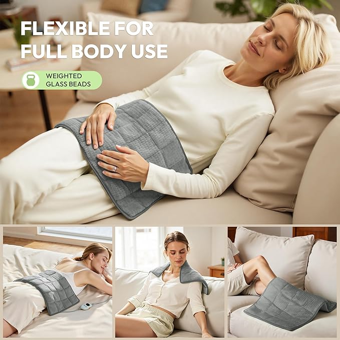 GOTCOZY Weighted Heating Pad 12"X24" - Electric Heat Pad for Back Neck Shoulder Pain Relief,6 Heat Settings,3H Auto Shut Off, Birthday Gifts for Women Men, Dad, Mom (Light Grey)