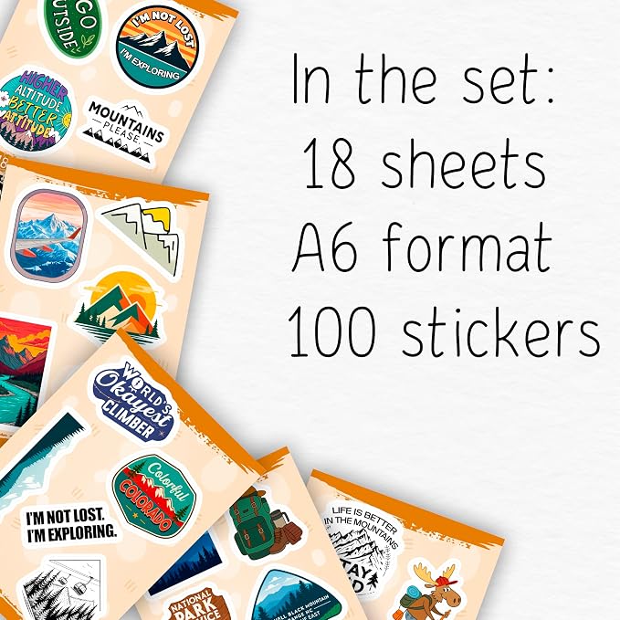 100Pcs Mountain Stickers for Scrapbooking, for Water Bottle, Laptop - Mountain Gifts & Party Decorations - Adventure, Camping Stickers, Nature Decals - Gift for Women & Men