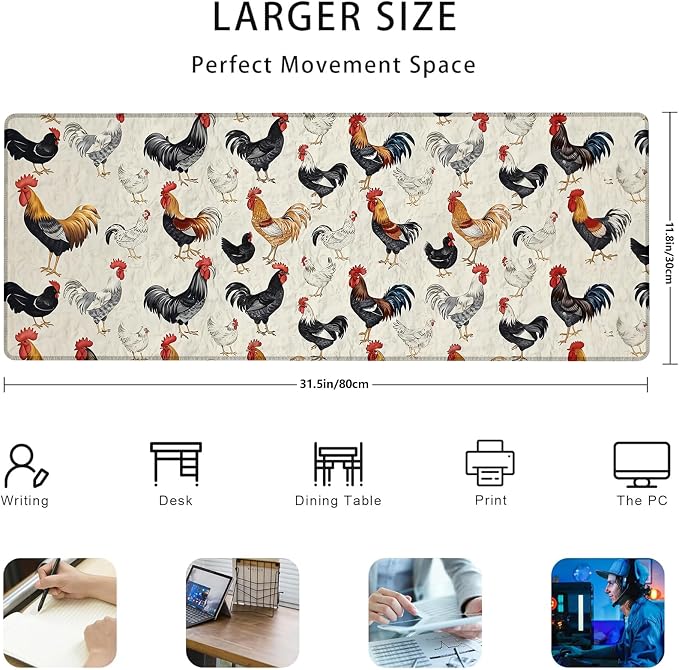 Cute Farm Chickens Gaming Mouse Pad Gifts 31.5" x 11.8", Non-Slip Rubber Base MousePads for Computers Laptop School Office Home Accessories Decor, Mouse Pad, Keyboard Desk Mat
