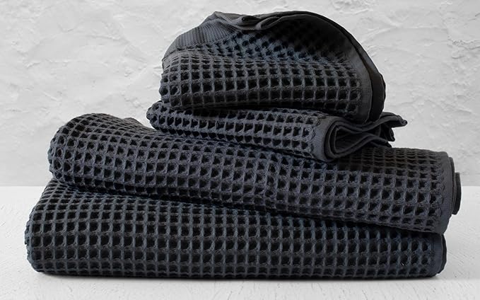 PÜSKÜL - Premium Waffle Towel Set 4 Pieces Gray Anthracite - Organic 100% Turkish Cotton Quick-Dry Towels for Bathroom Made in Turkiye (Dark Gray, Towel Set - 2 Hand & 2 Bath Towels)
