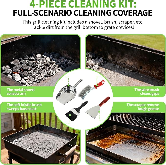 Grill Ash Cleaning Pellet 4-Piece Kit（Metal Material Durability） Includes Wire Brush，Ash Shovel，Bristle Brush，Angled Shovel，Effortlessly Removes Stubborn Grime & Collects Ash Debris