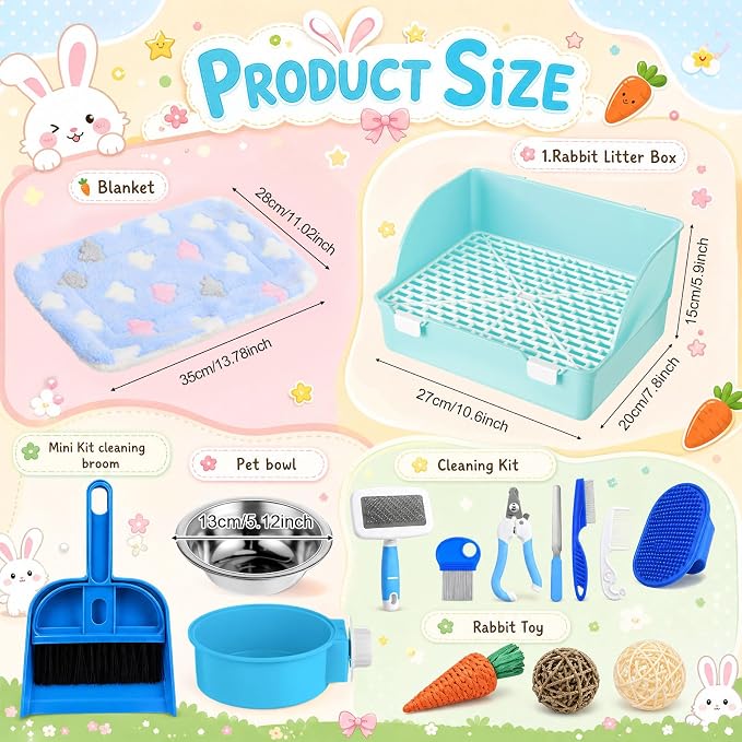 Reallnaive 15 Pcs Rabbit Starter Kit Small Rabbit Litter Box Girls Gift Animal Grooming Kit Bunny Toys Bowl Blankets with Cleaning Set for Guinea Pig Accessories(Sky Blue)