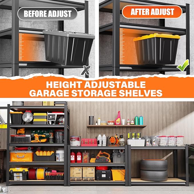 2Pack Storage Shelves, 2500lbs Garage Shelving,Adjustable Heavy Duty Shelving Unit,5T Tall Garage Shelves，Wood Metal Standing Shelf Units,Utility Rack for Kitchen 71.2''H*31.5''W*13.8''D