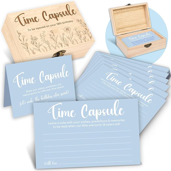 Time Capsule Box 1st Birthday Gifts - Baby Time Capsule For First Birthday Party Games, 1st Birthday Party Activities For Guests, Blue Time Capsule Cards 1st Birthday Decorations For Boys