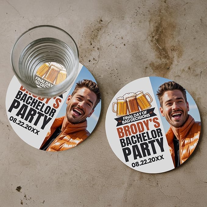 100 Pack Personalized Bachelor Party Coasters, Custom Cardboard Drink Coasters with Photo Print and Text, Fun Bachelor Party Favors and Gifts, 3.95" Round, Design 2
