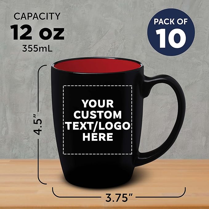 DISCOUNT PROMOS 10 Java Two Tone Coffee Mugs Set, 12 oz. - Customizable Text, Logo - Stoneware, Durable, Easy Grip - BLACKRED