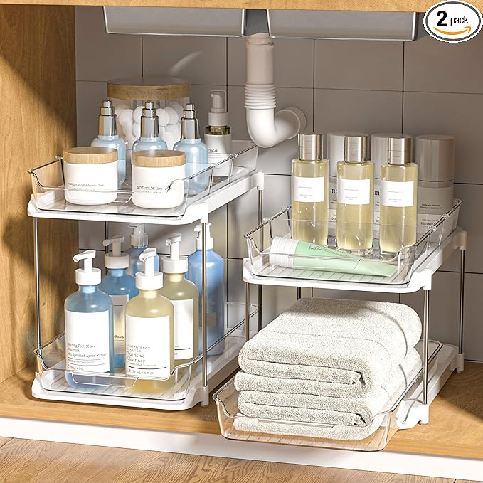 Delamu 2-Tier Multi-Purpose Bathroom Under Sink Organizers and Storage, Stackable Kitchen Pantry Organization, Pull Out Medicine Cabinet Organizer with Movable Dividers, White, 2 Pack