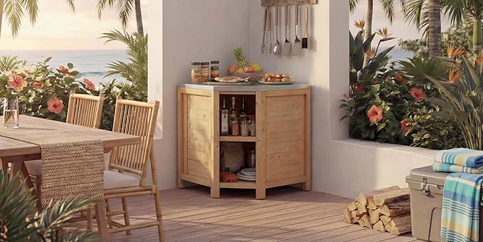 MOUMON Corner Patio Kitchen Storage Cabinet with Stainless Steel Countertop, Solid Cedar Patio Prep Table for Grilling, Outdoor Cooking Station, Oak 35.4”W x 35.4”D x 37.4”H