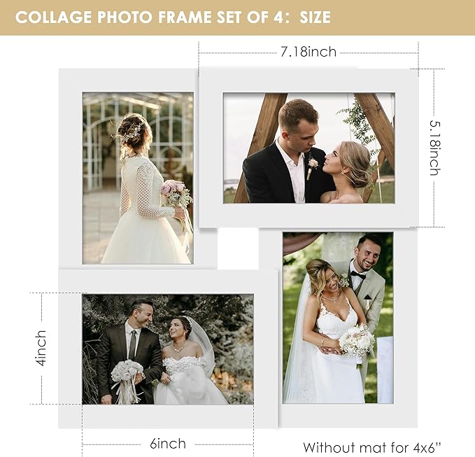 4x6 Collage Picture Frame Tempered Glass Front, Displays Four 4x6 Photo, Family Photo Collage Frame, Wall Decor Wall Hanging or Tabletop, White