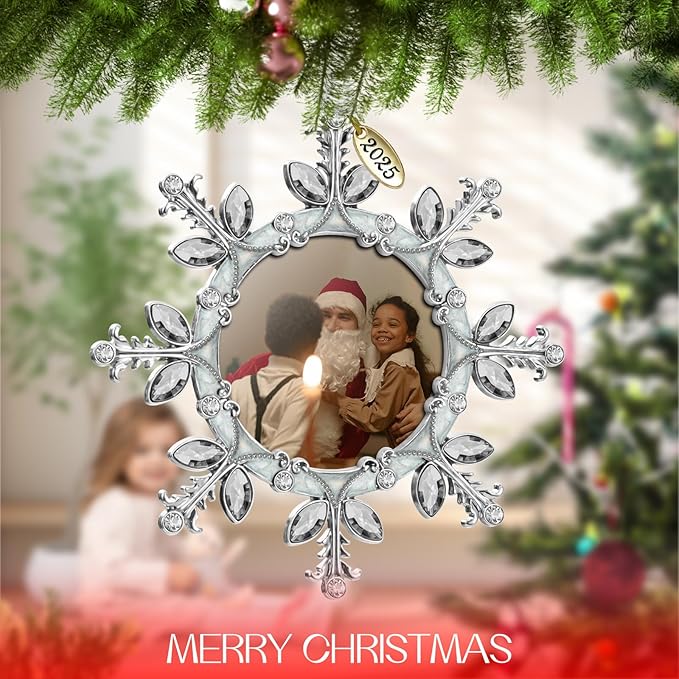 2025 Christmas Tree Ornament Snowflake Picture Frame Metal Hanging Pendant Holiday 2" Photo Frame Charm Decorative of Pets, Baby First Christmas, Family (White，2025)