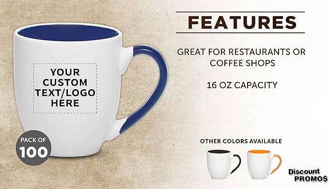 Custom Bistro Style Large Coffee Mugs 16 oz. Set of 100, Personalized Bulk Pack - Perfect for Coffee, Tea, Espresso, Hot Cocoa, Other Beverages - Cobalt Blue