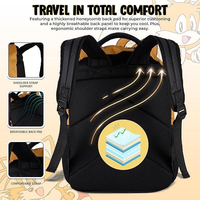 AI ACCESSORY INNOVATIONS Sonic The Hedgehog Backpack for Boys & Girls, Tails Big Face 16 Inch Schoolbag with Tails Rubber Molded Dangle, Yellow