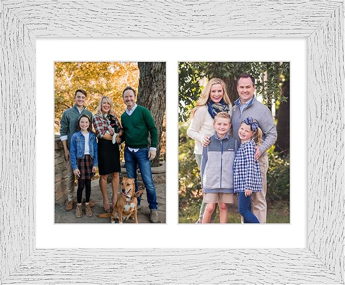 8.5x11 Picture Frame Display 2 opening Double 5x7 Picture Frame Collage,Multi Photo Frame with Mat,Plexiglass,Horizontal and Vertical Formats for Wall Decor,Distressed White Wood Grain