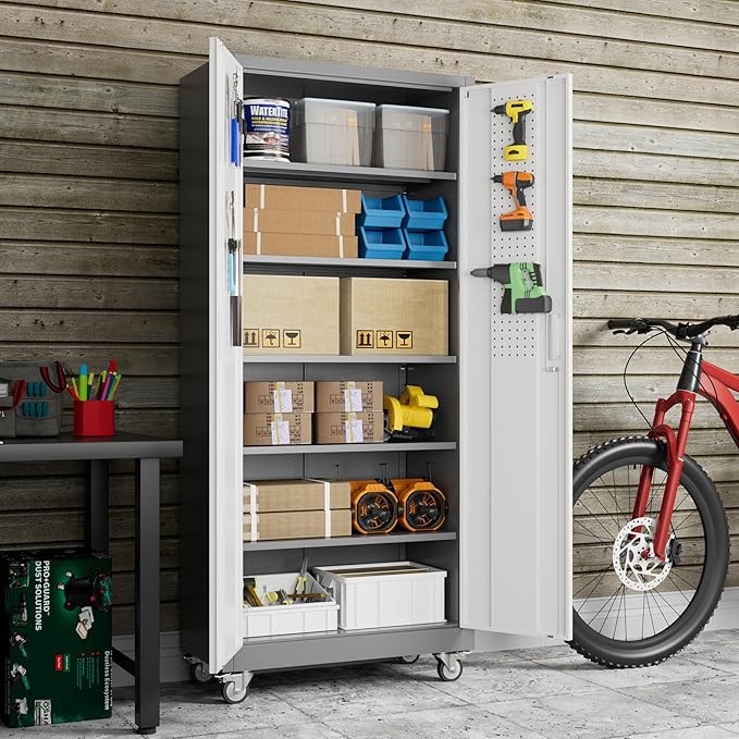 71" H Garage Storage Cabinet with Wheels, Lockable Metal Storage Cabinet with Doors,5 Adjustable Shelves and Pegboard for Garage Home Utility Room,Required Assembly,Grey&White