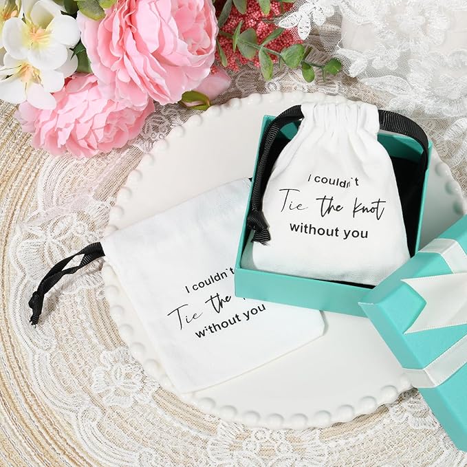 CEELGON 8 Pcs Drawstring Jewelry Pouch Bridesmaid Gift Bags Linen Cotton Fabric Wedding Bridal Party Favor Bags Bachelorette Tie The Knot Earring Packaging Proposal Gift (White)