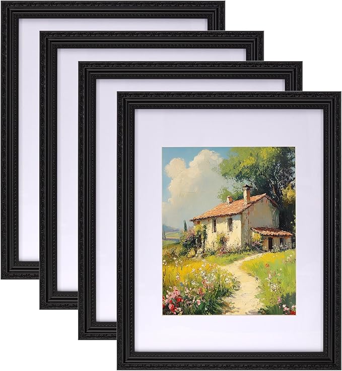 eletecpro 11x14 Picture Frames Set of 4, Vintage Photo Frame with Glass, Gothic Black Frames 11 x 14 Display 8x10 Photo with Mat or 11x14 without Mat for Tabletop or Wall Decor, Black