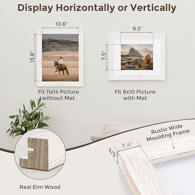 Fun Memories 11x14 Picture Frame-Real Tempered Glass, Rustic Wooden Photo Frames 11 x 14, Display Pictures 8x10 with Mat or 11 x14 Without Mat, 11x14 Picture Frame for Wall Mounted, White, 1 Pack