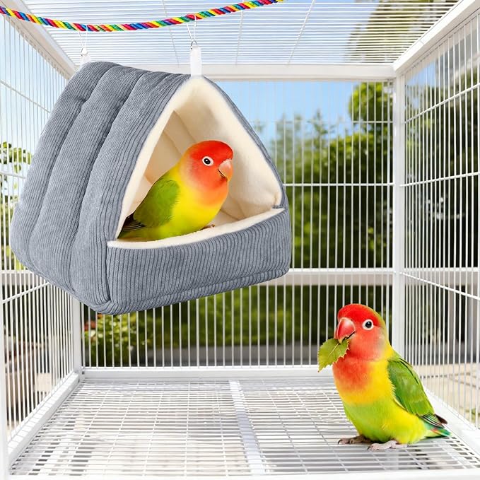 Medium Winter Warm Bird House and Bird Bed for Cage | Bird Bed with Soft Plush Hanging Hammock & Hut Tent, Hideaway Sleeping Nest for Budgies, Parakeets, Cockatiels (Grey, M)