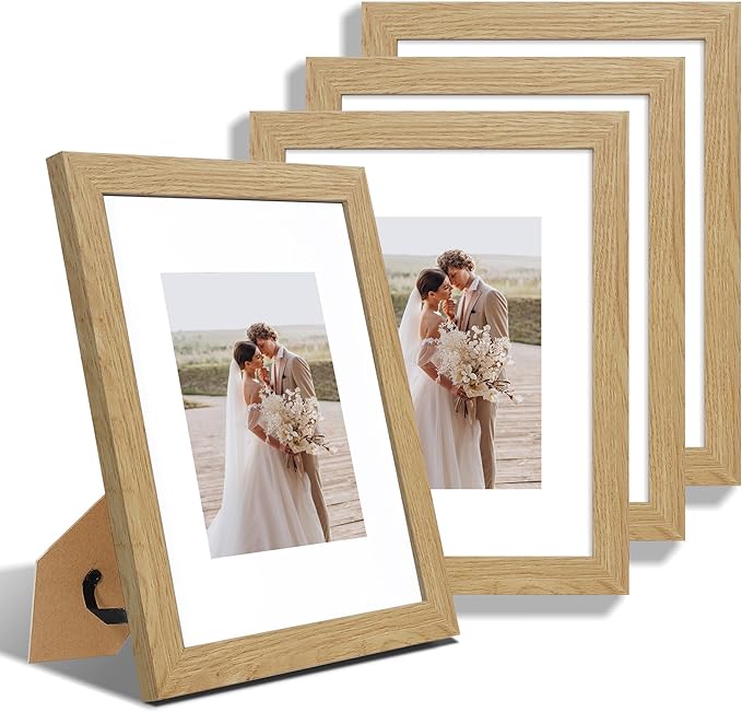 9x12 Picture Frame Set of 4, Made of Glass and Natural Oak Wooden Frame - Display Picture 6x8 with Mat or 9 x 12 Without Mat, 9 by 12 Photo for Wall or Tabletop