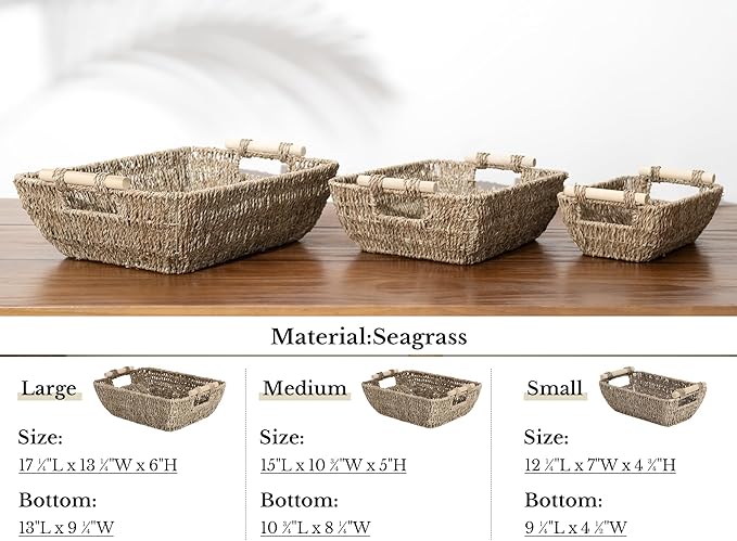 StorageWorks Small Baskets for Bathroom, Seagrass Woven Basket with Wooden Handles for Gifts, 2-Pack