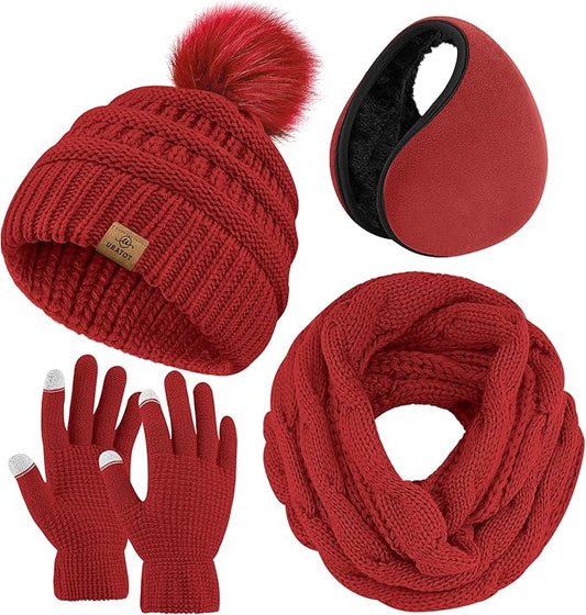 URATOT 4-In-1 Winter Warm Sets Knitted Scarf Touch Screen Gloves Beanie Pompom Hat and Winter Ear Warmer for Men or Women
