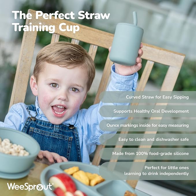 WeeSprout Baby Led Weaning Bundle, Silicone Suction Bowl, Spoons, Bib & Cup, Develops Self Feeding Skills, Dishwasher Safe (Green)