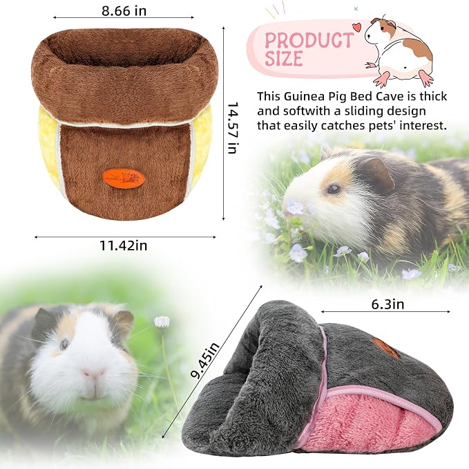YUEPET 2 Pack Guinea Pig Bed, Slipper Cuddle Sack, Grey & Brown | Guinea Pig House, Portable Guinea Pig Hideout, Soft Coral Fleece Pocket Guinea Bed, Washable Cushion