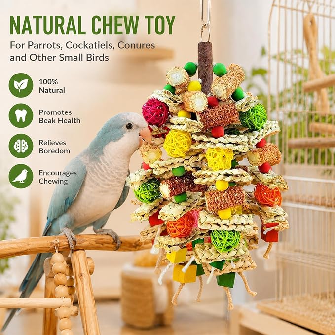 Parrot Chew Toy, Natural Material Bird Foraging Toy for Conures, Quaker Parrots, Medium-Sized Birds - Colorful Hanging Shredding Toy with Woven Ball, Corn Cob and Wooden Beads