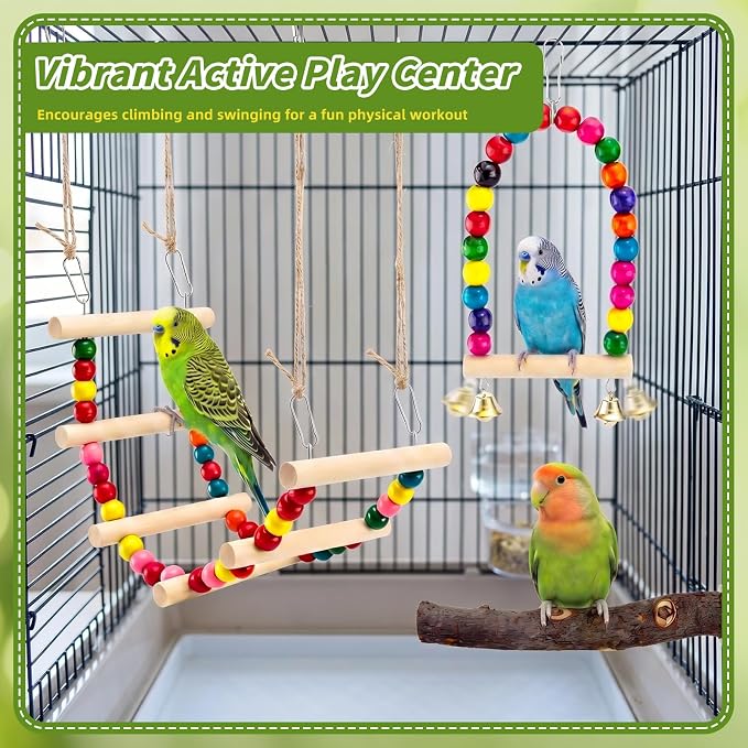 8 Pcs Natural Wood Bird Toys & Perches Set for Cages | Ideal for Small/Medium Parrots (Budgies, Conures) | Birch Ladder, Swing and Foraging Items for Cage Gym | Tool-Free Mount