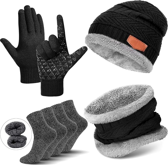 Winter Fleece Lined Beanie Hat Scarf Sock Touchscreen Gloves Set for Men Women