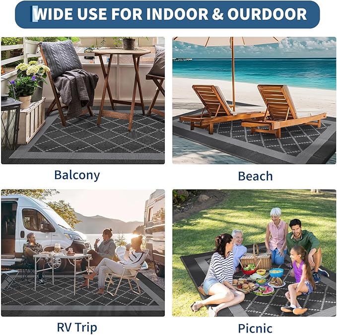 Outdoor Rug for Patio 9x12 Waterproof Camping Mat Reversible Plastic Straw Floor Carpet Modern Diamond Indoor Outdoor Large Area Rug for RV Deck Balcony Backyard Black/Grey