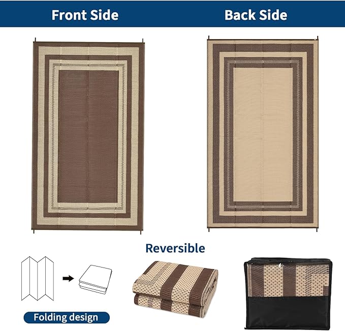 9x12 Outdoor Rug Waterproof Foldable Plastic Straw Carpet for Patio Porch Modern Border Reversible Mat Lightweight Floor Mat for Picnic, Backyard, Rv, Beach, Deck, Camper, Balcony，Brown