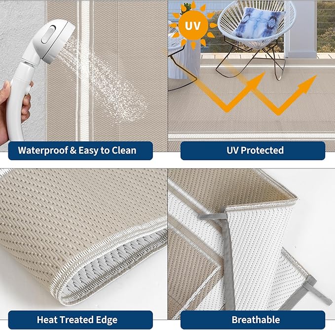 Outdoor Rug 9x18 Waterproof Reversible Mat All Weather Outdoor Plastic Straw Rus Carpet UV Resistant Modern Bordered RV Mat Carpet for Patio Deck Balcony Pool Picnic Grey/White