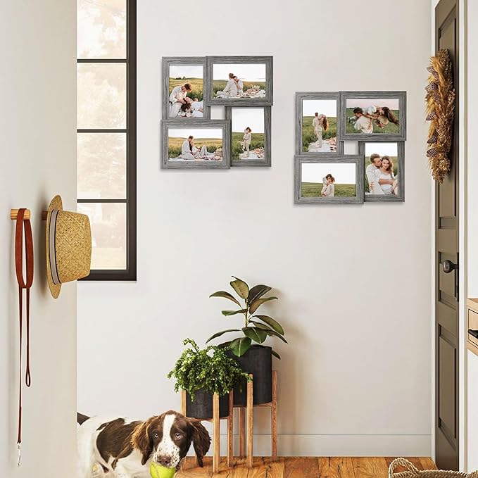 4x6 Collage Picture Frames, Multi Family Photo Frame with Real Glass, Displays Four 4x6 Photo, Wall Decor Wall Hanging or Tabletop, Grey