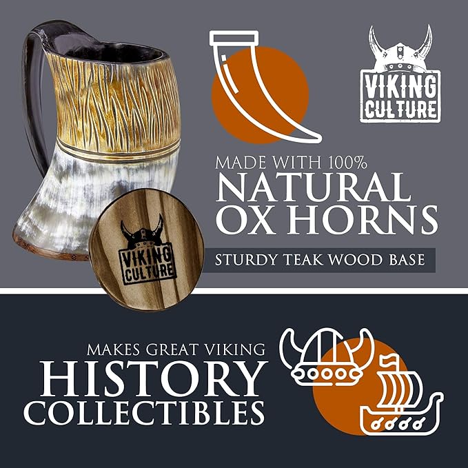 Viking Culture Ox Horn Mug, Shot Glass, and Axe Bottle Opener (3 Pc. Set) Authentic 16-oz. Ale, Mead, and Beer Tankard | Vintage Stein with Handle | Custom Intricate Design - Natural Finish | The Jarl