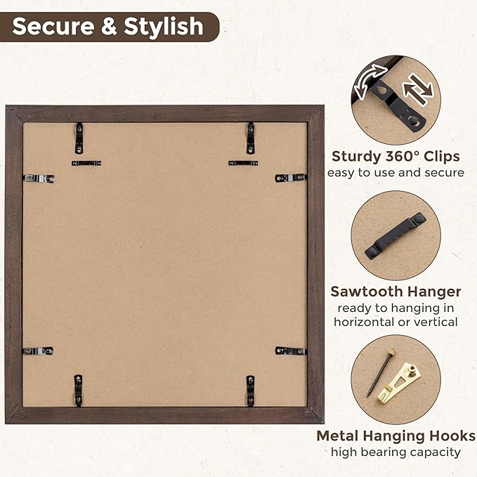 Fun Memories Walnut 16x16 Square Wooden Picture Frame - Tempered Glass, Wall Mountable, Display Pictures 12x12 with Mat or 16x16 Without Mat, 1 Pack