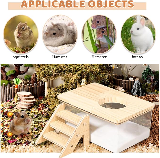Hamster Sand Bath, Pentagon Hamster Sand Bath Container with Climbing Ladder, Large Acrylic Hamster Dig Box with Wood Cover, Sand Bath for Hamsters Small Animals (Rectangle)