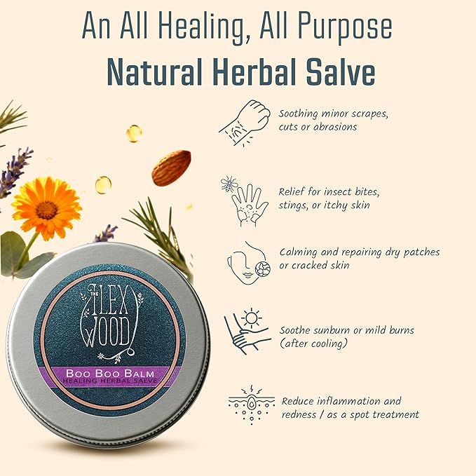 The Ilex Wood - Vegan Herbal Healing Salve Boo Boo Balm - For skin irritation, scrapes, bites and stings, palm oil free, cruelty free, plastic free, handcrafted - 3.38 fl oz (100ml)