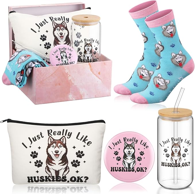 Kacctyen 5 Pcs Christmas Husky Gifts for Women Husky Dog Lover Gifts 16oz Glass Cup Tumbler with Lid Straw Makeup Cosmetic Bag Pocket Mirror Sock for Dog Mom Animal Lovers Birthday Party Favors